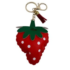 Red Strawberry Faux Leather Keychain Bag Charm Polka Dot Fruit Tassel Gold Tone